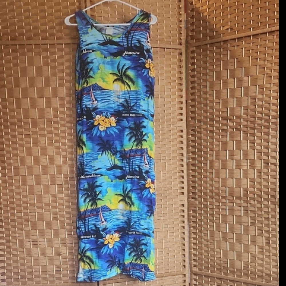 Women's Hawaiian Sunset Tropical Long Vacation, Resortwear, Blue Coverup Dress
